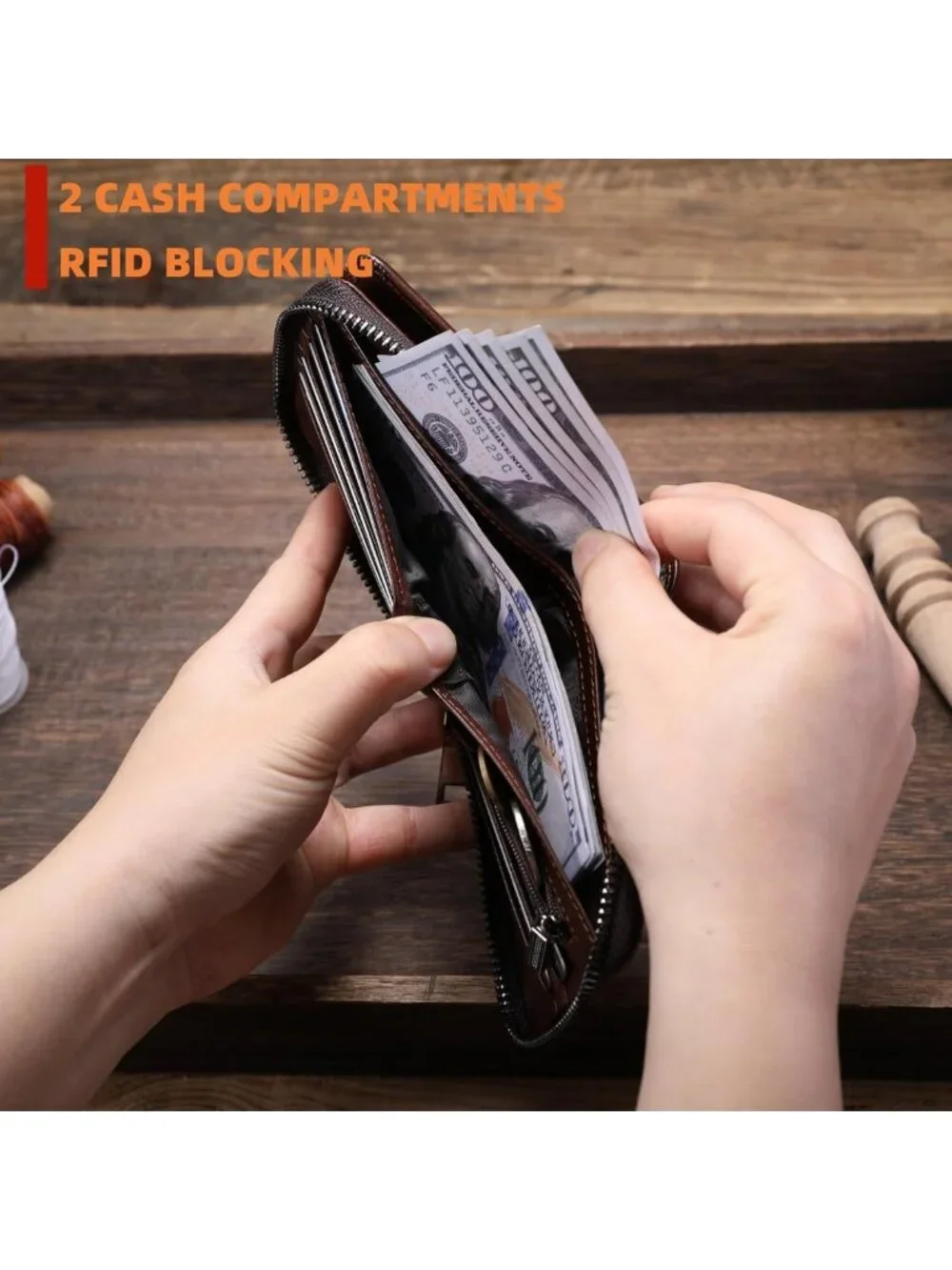 Genuine Leather Men's Zipper Wallet - Stylish, Durable, Slim Design (Coffee)